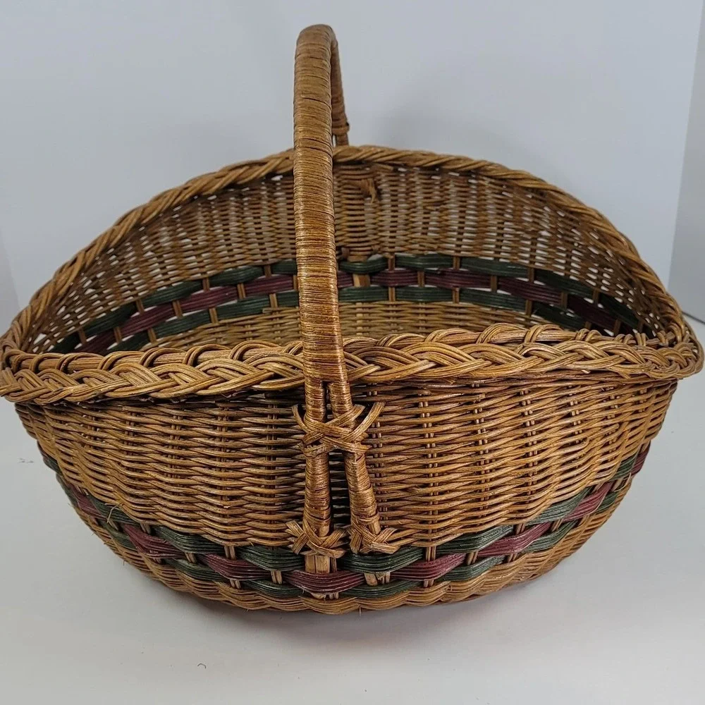 Large Wicker Basket Woven Picnic Garden Harvest Brown Green Burgundy 18in